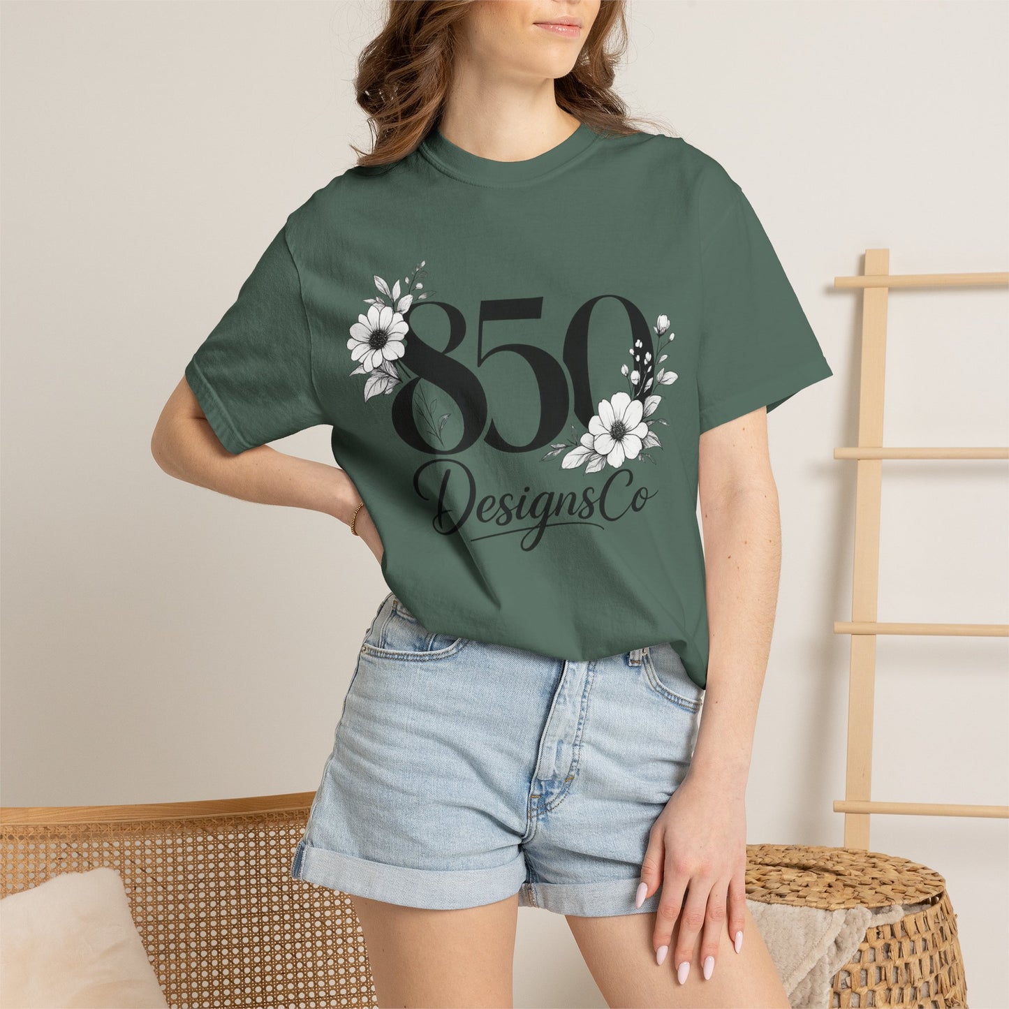 850 Designs Co Floral Logo T-shirt | Script Number Graphic