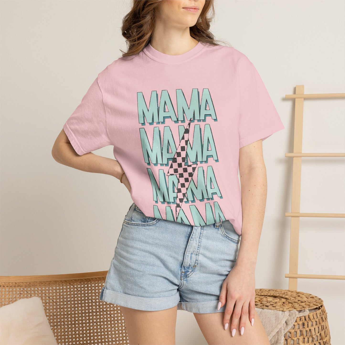 Mama Repeat Graphic T-Shirt — Checker Accent Mother's Day Tee