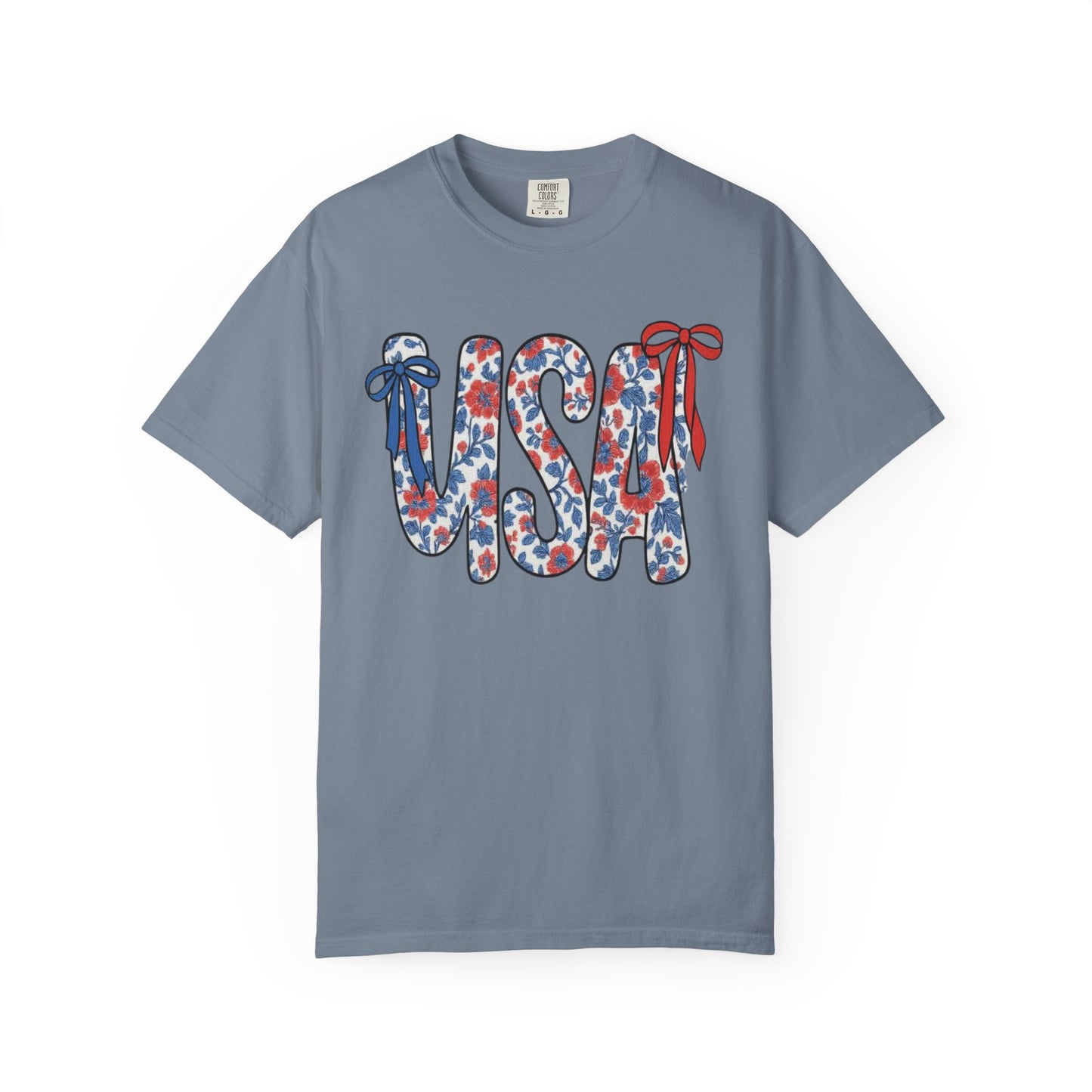 USA Floral Bow T-Shirt — Patriotic Fourth of July Tee