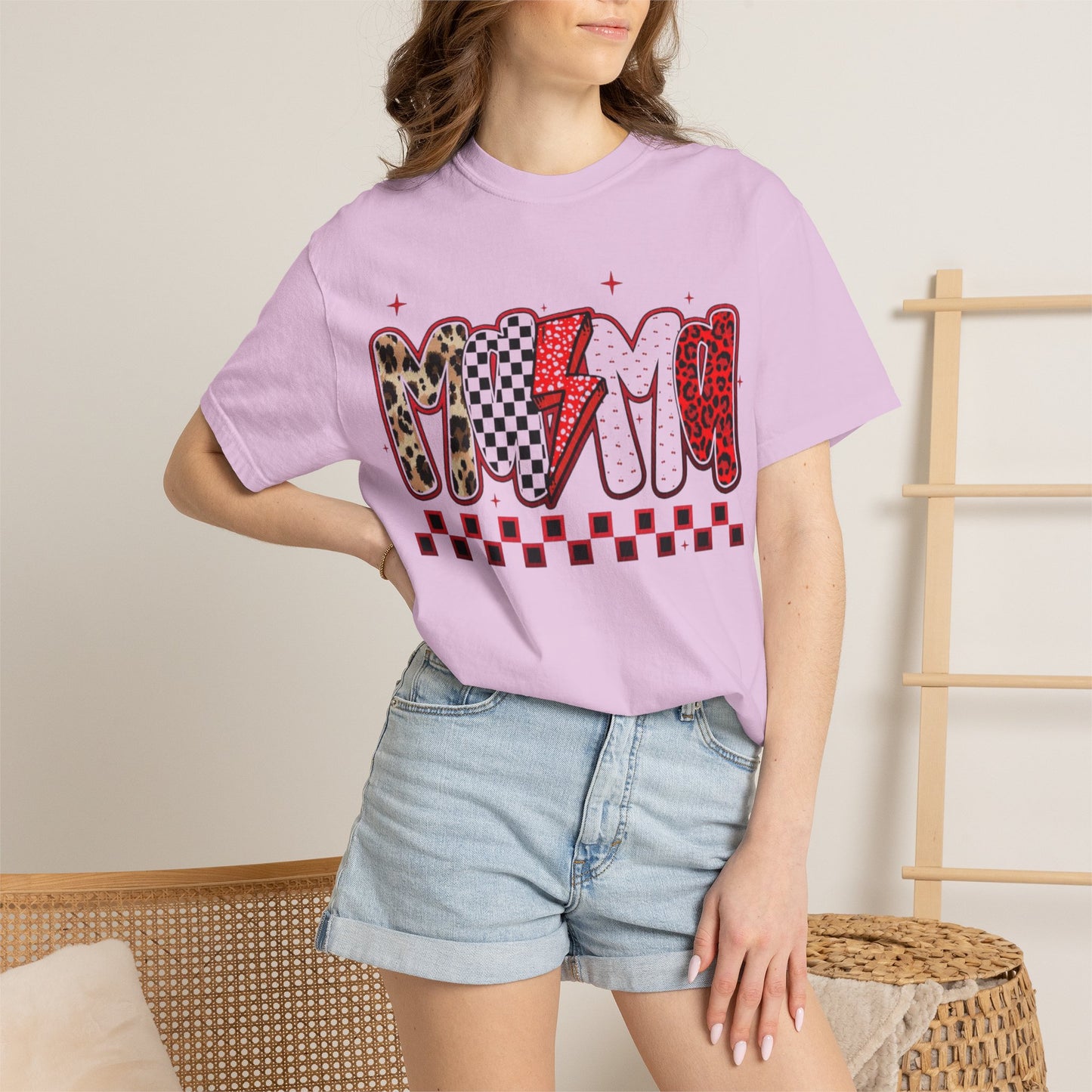 Mama Lightning Bolt Graphic T-Shirt — Playful Leopard & Heart Print