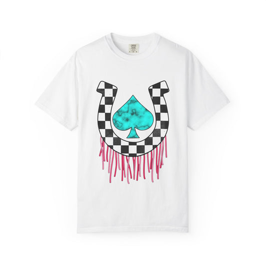 Checkerboard Horseshoe with Turquoise Spade T-Shirt | Drip Fringe Graphic