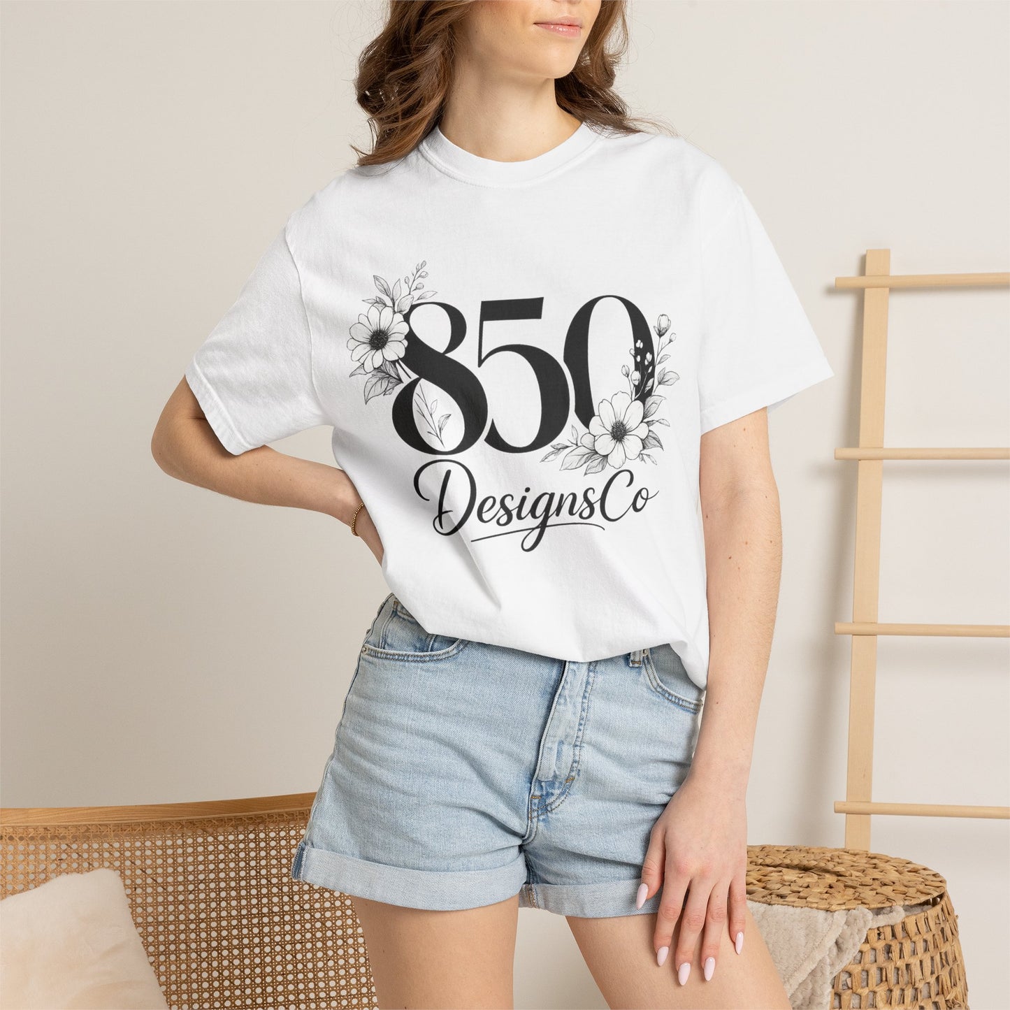 850 Designs Co Floral Logo T-shirt | Script Number Graphic