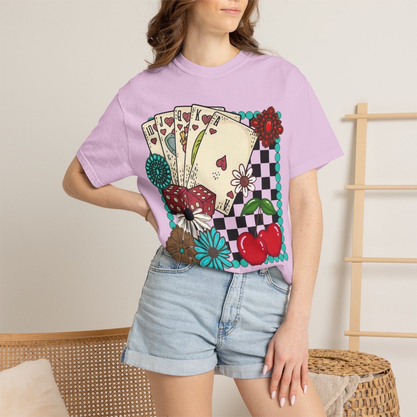 Vintage Poker Cards T-Shirt | Floral Cherry Checkerboard Design