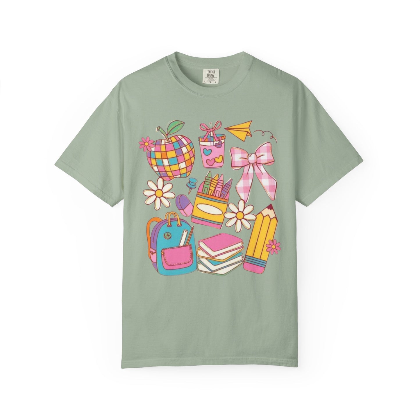 Back-to-School Cute Supplies T-Shirt — Colorful Pencil, Backpack & Apple Design