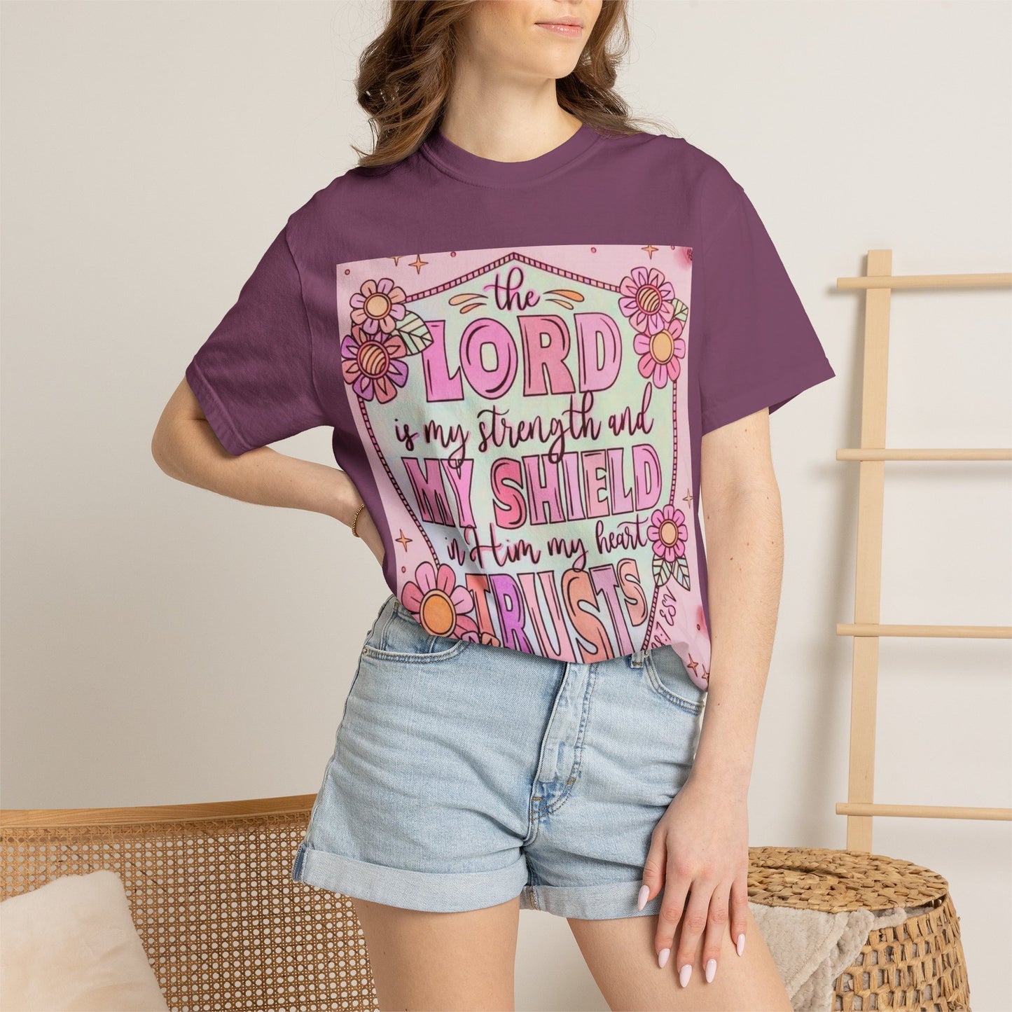 Women’s Faith T-Shirt — “The Lord Is My Strength and My Shield” Floral Christian Tee