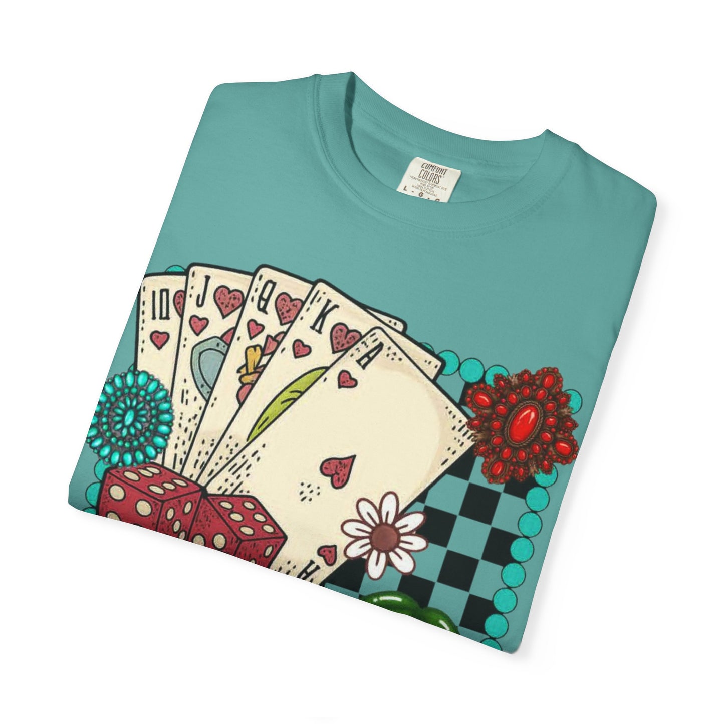 Vintage Poker Cards T-Shirt | Floral Cherry Checkerboard Design