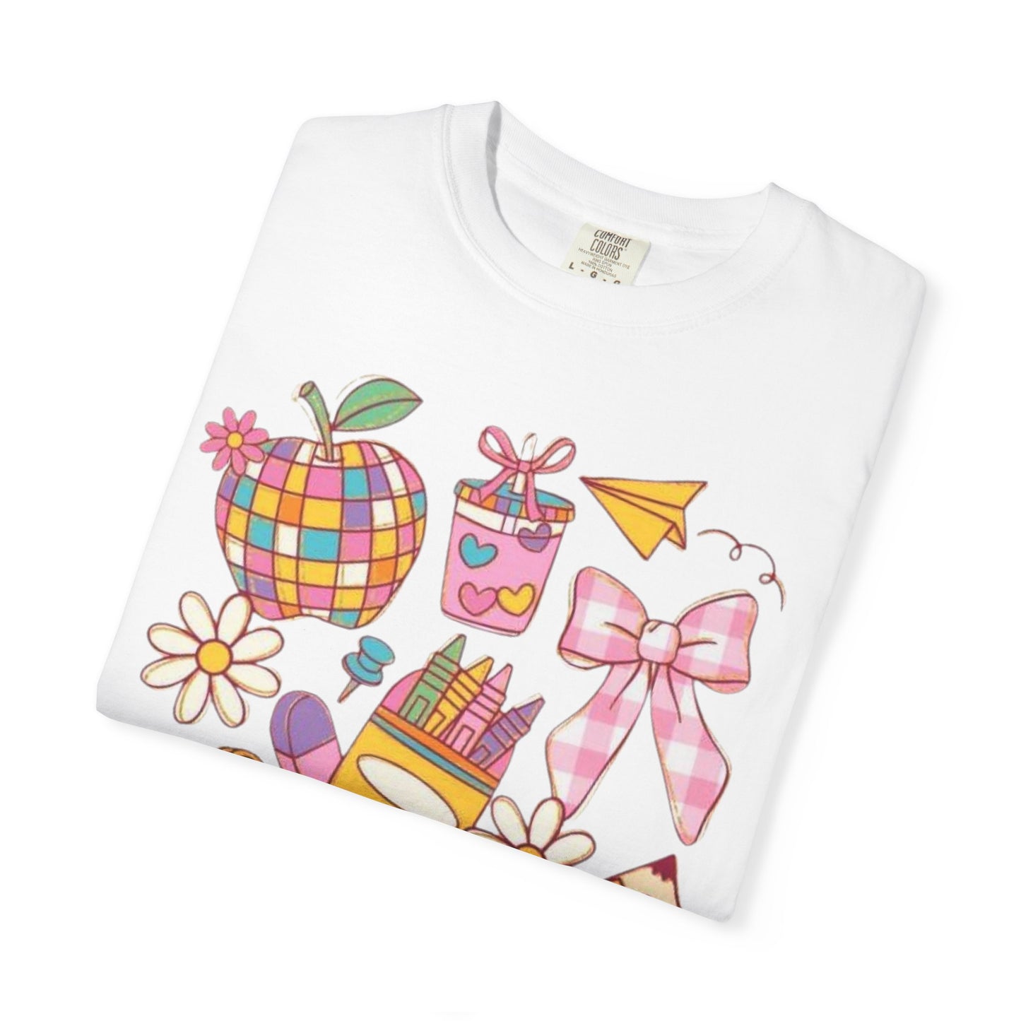 Back-to-School Cute Supplies T-Shirt — Colorful Pencil, Backpack & Apple Design