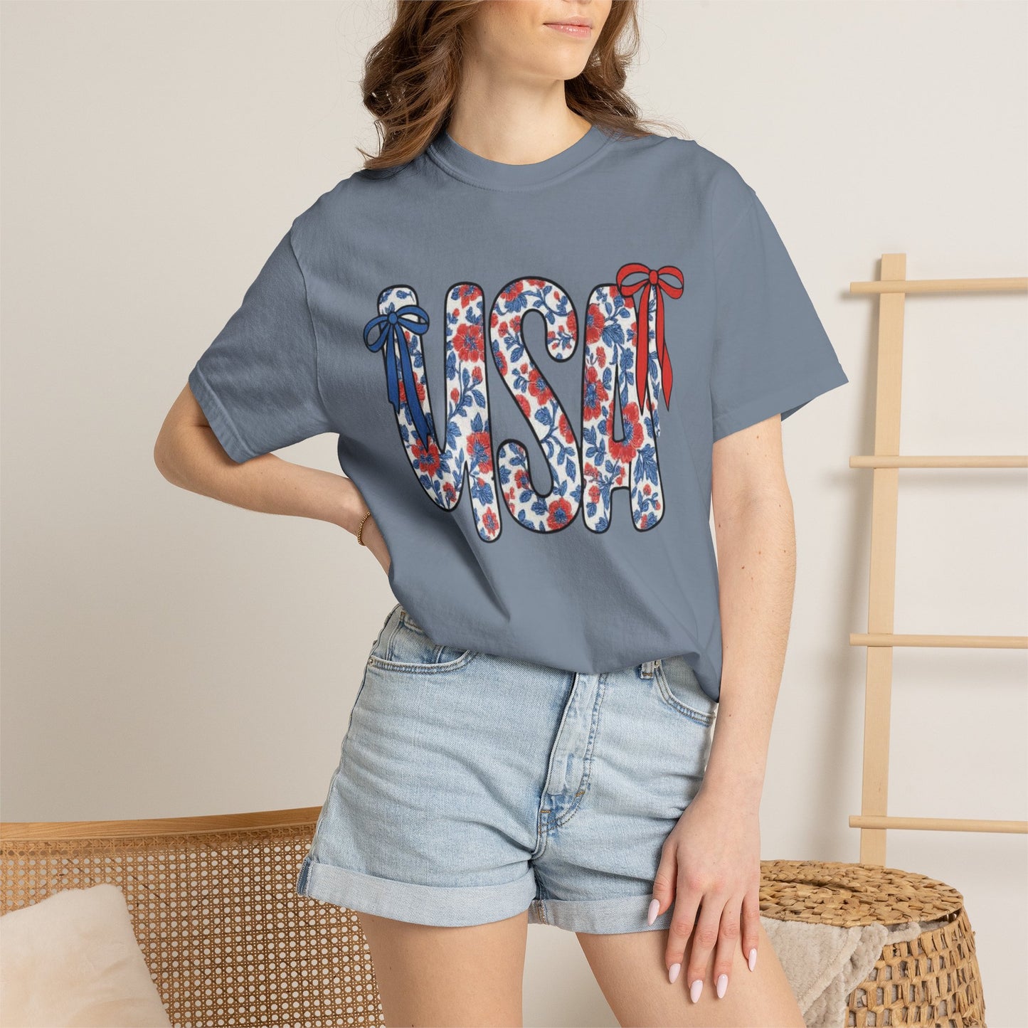 USA Floral Bow T-Shirt — Patriotic Fourth of July Tee