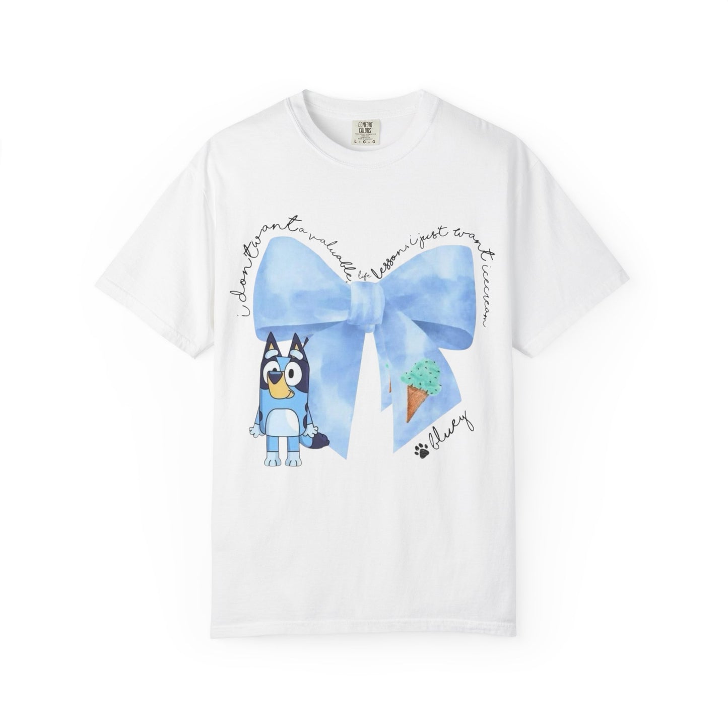 Bluey Bow Graphic T-Shirt — Cute Blue Ribbon & Ice Cream Kids Tee