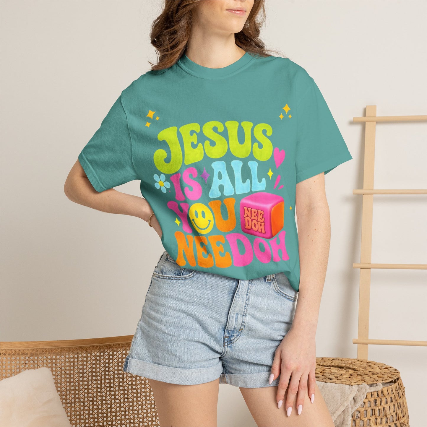 Christian T-Shirt — "Jesus Is All You Need" Colorful Retro Graphic Tee