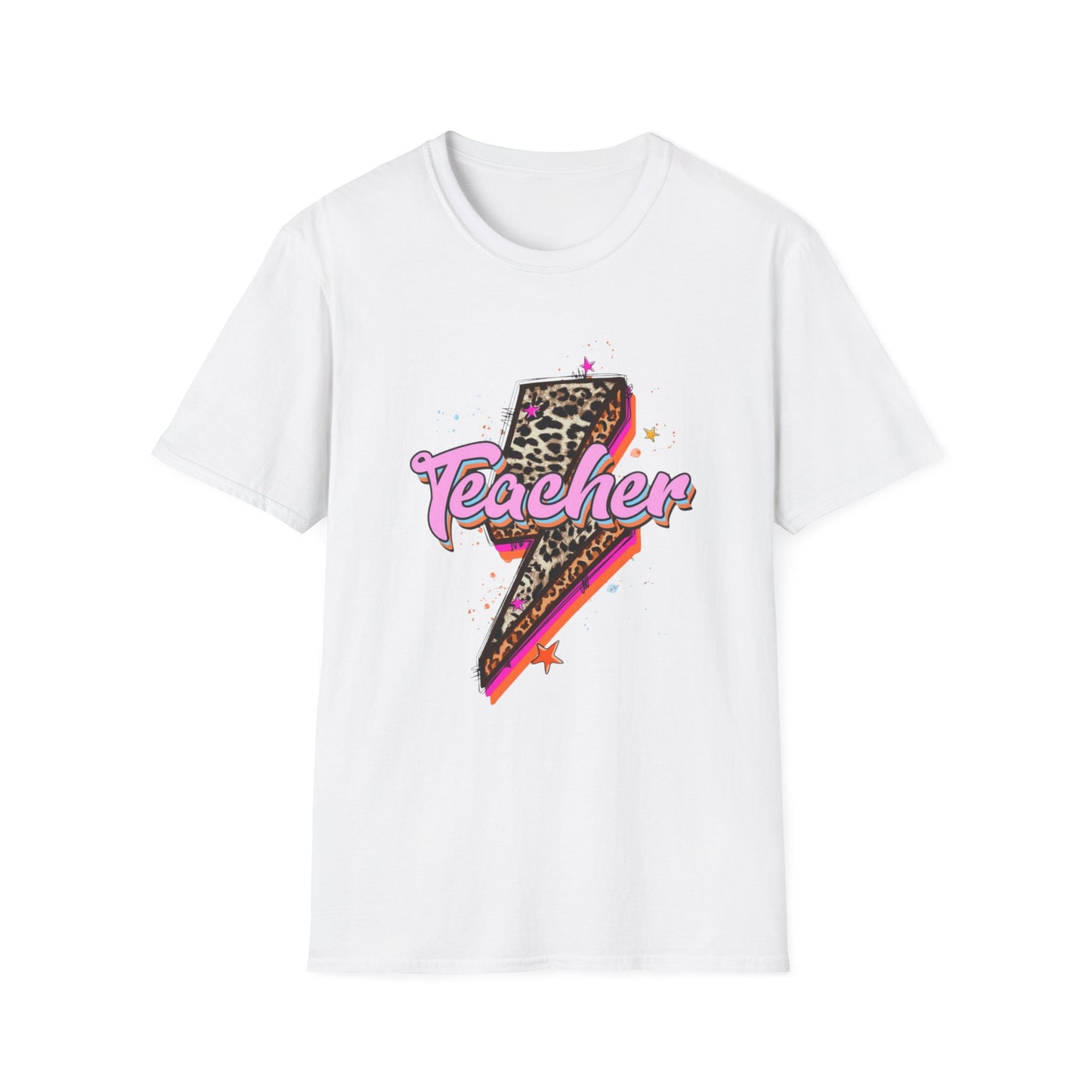Teacher Lightning Bolt Leopard Print T‑Shirt — Retro Pink Script Graphic Tee for Educators