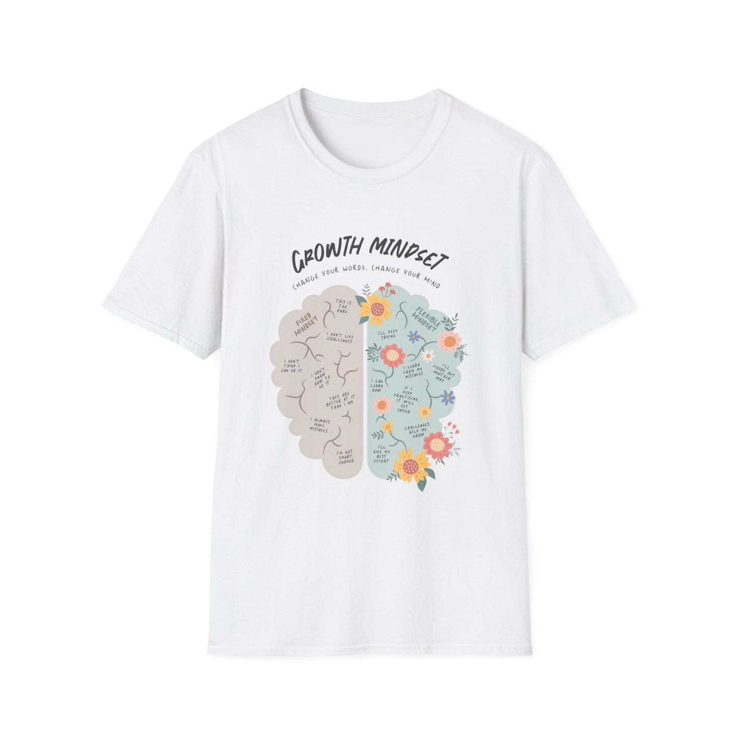 Growth Mindset T-Shirt — Inspirational Brain Illustration Tee ("Growth Mindset: Change Your Words, Change Your Mind")
