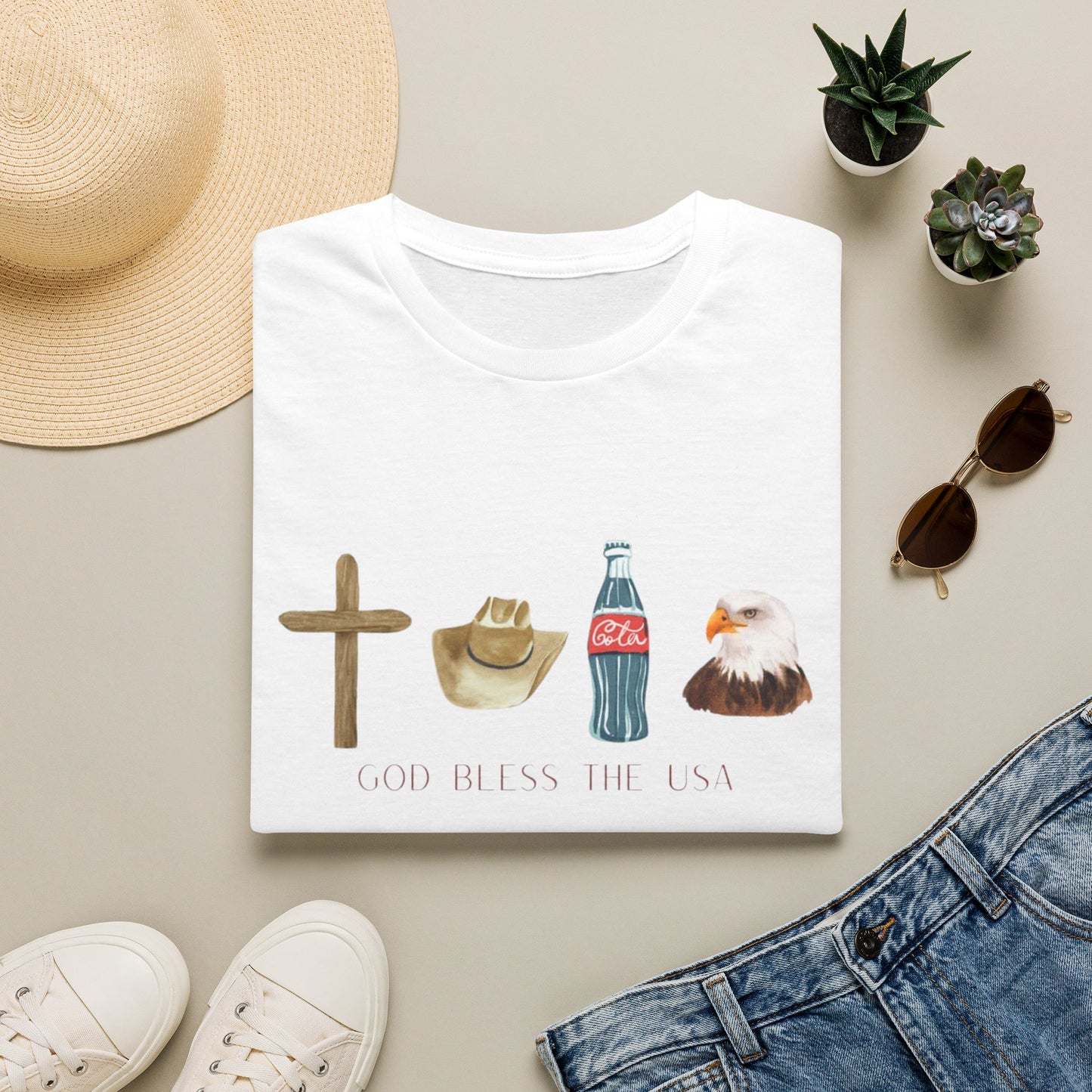 God Bless The USA T-Shirt — Cross, Cowboy Hat, Coke & Bald Eagle Patriotic Tee
