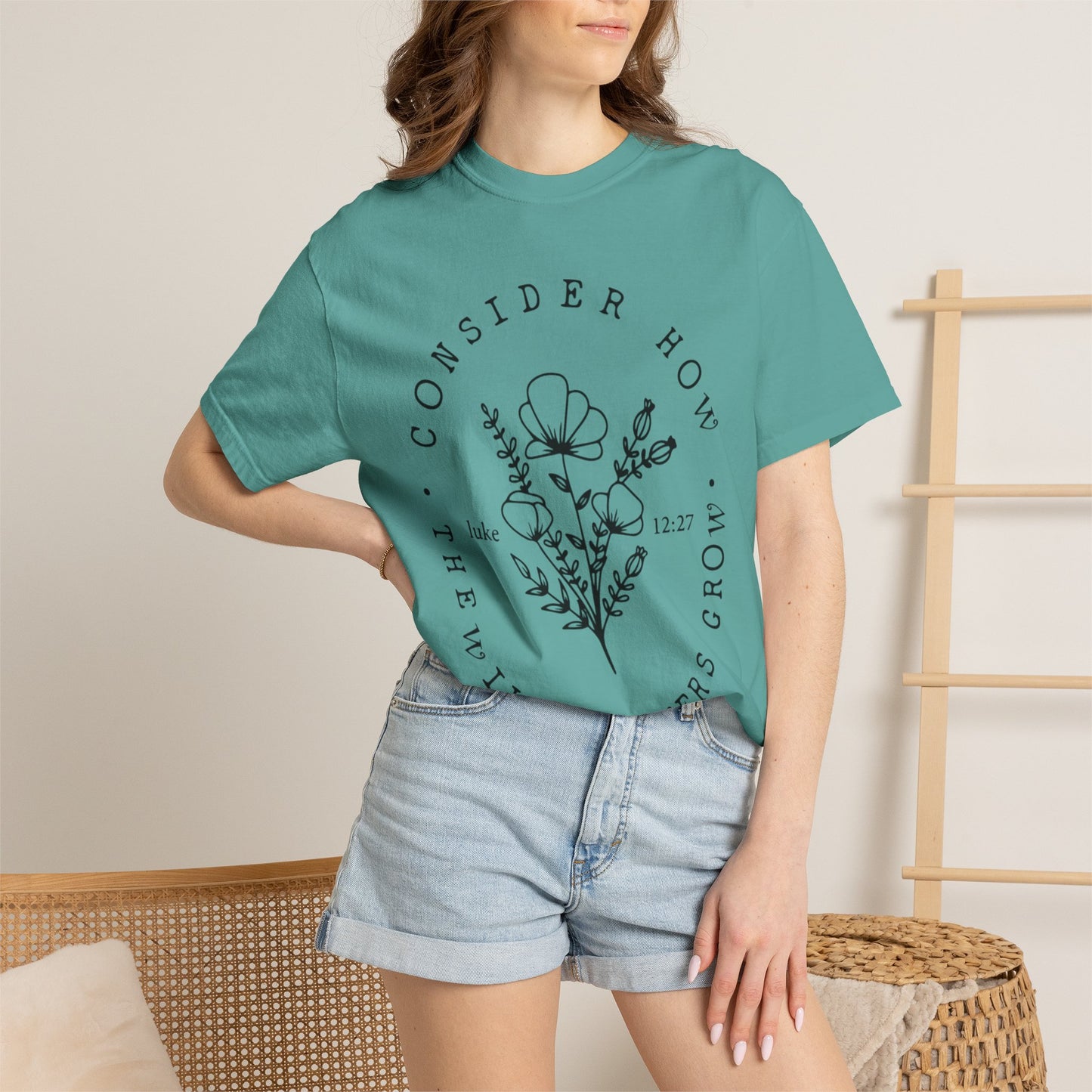 T-Shirt — "Consider How the Wildflowers Grow" Floral Scripture Tee (Luke 12:27)