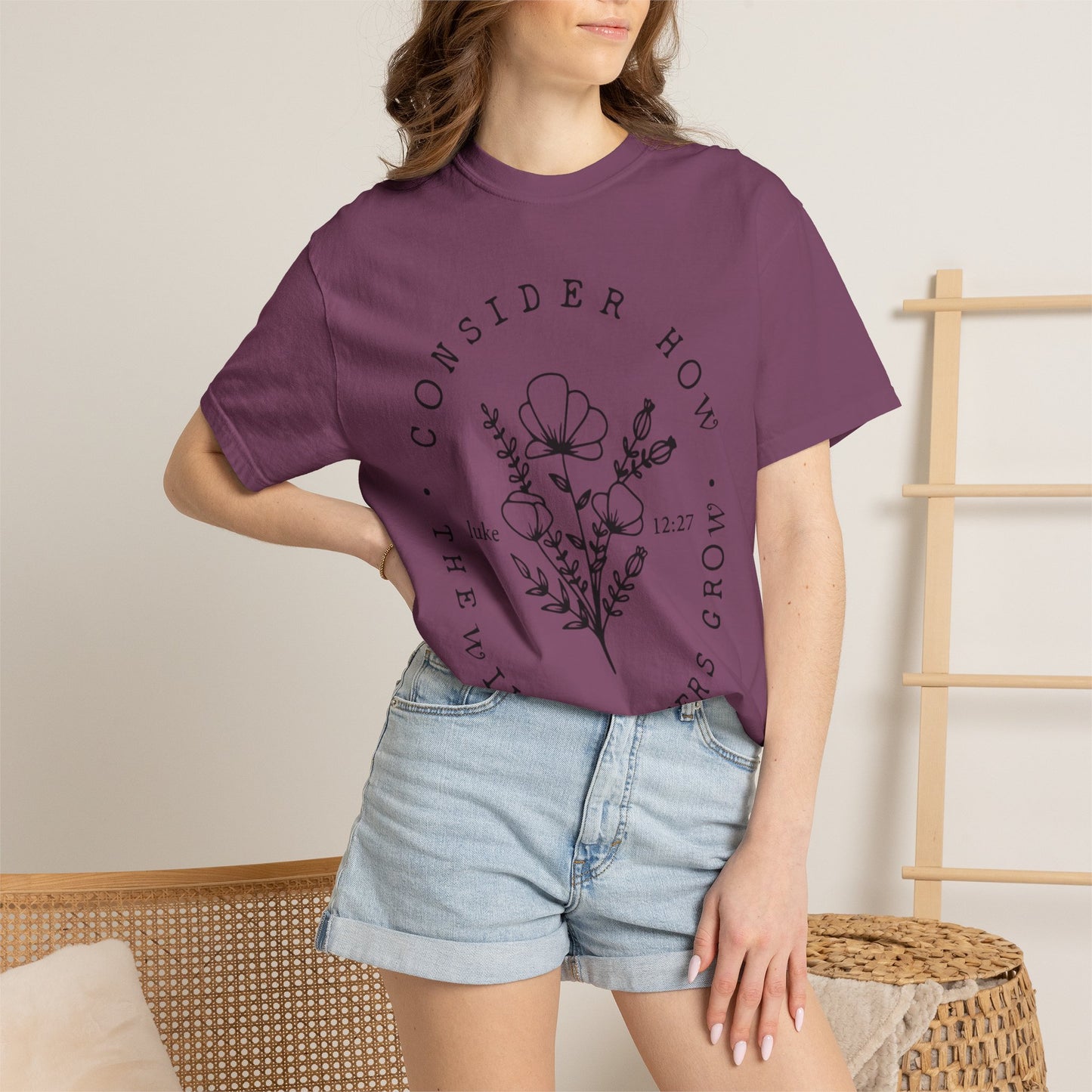 T-Shirt — "Consider How the Wildflowers Grow" Floral Scripture Tee (Luke 12:27)