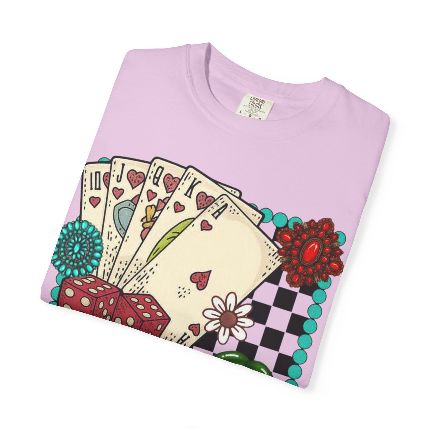 Vintage Poker Cards T-Shirt | Floral Cherry Checkerboard Design