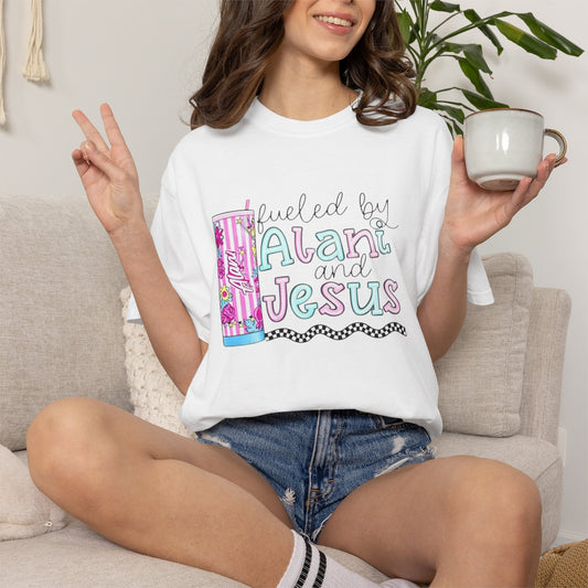 T-Shirt — 'Fueled by Alani and Jesus' Colorful Pastel Graphic Tee