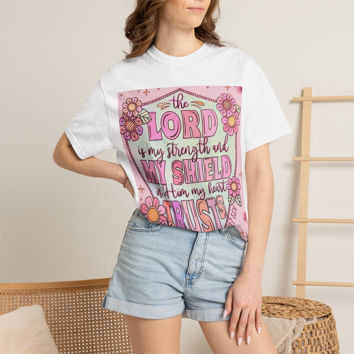 Women’s Faith T-Shirt — “The Lord Is My Strength and My Shield” Floral Christian Tee