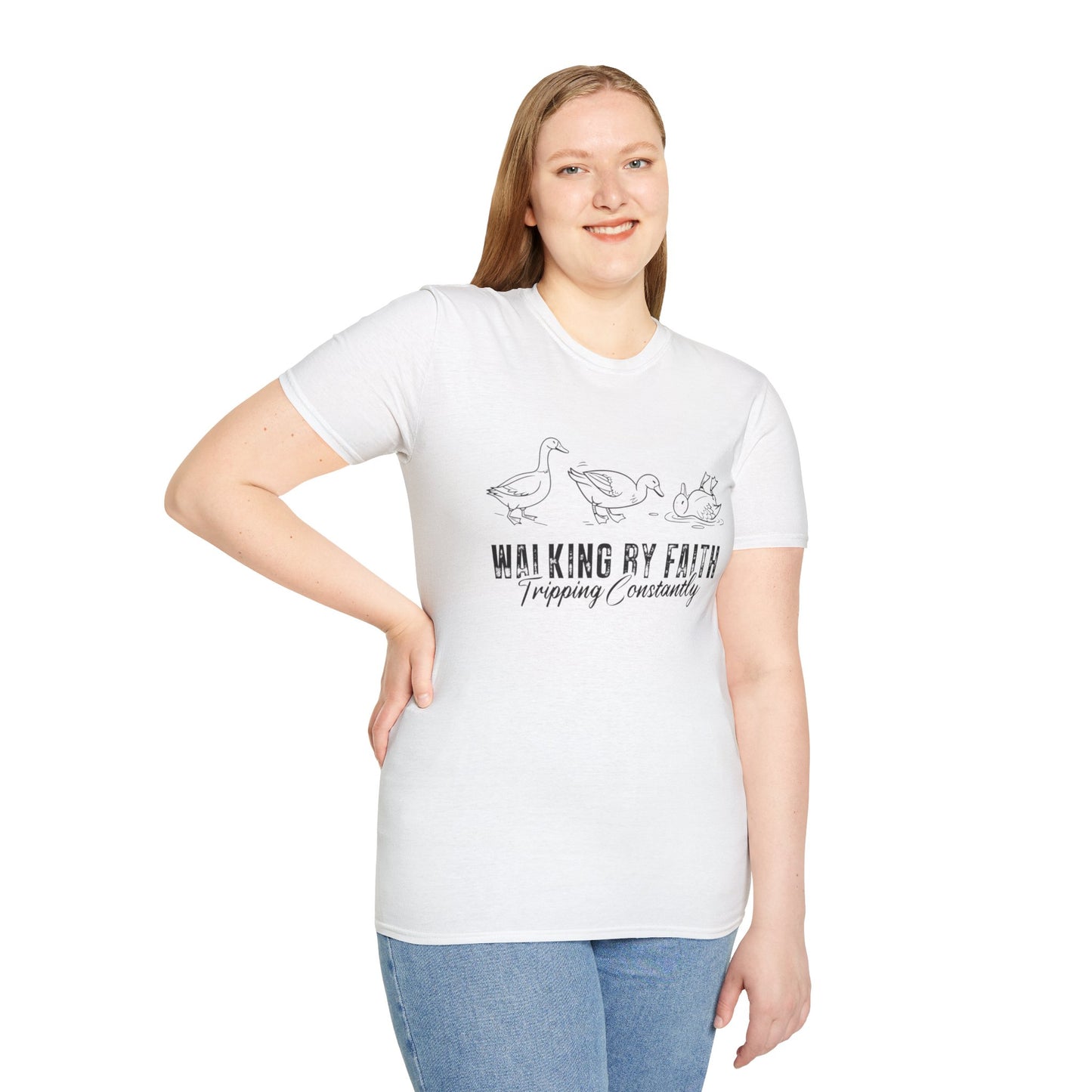 Walking By Faith Tee — 'Walking By Faith, Tripping Constantly' Duck Graphic Christian T-Shirt