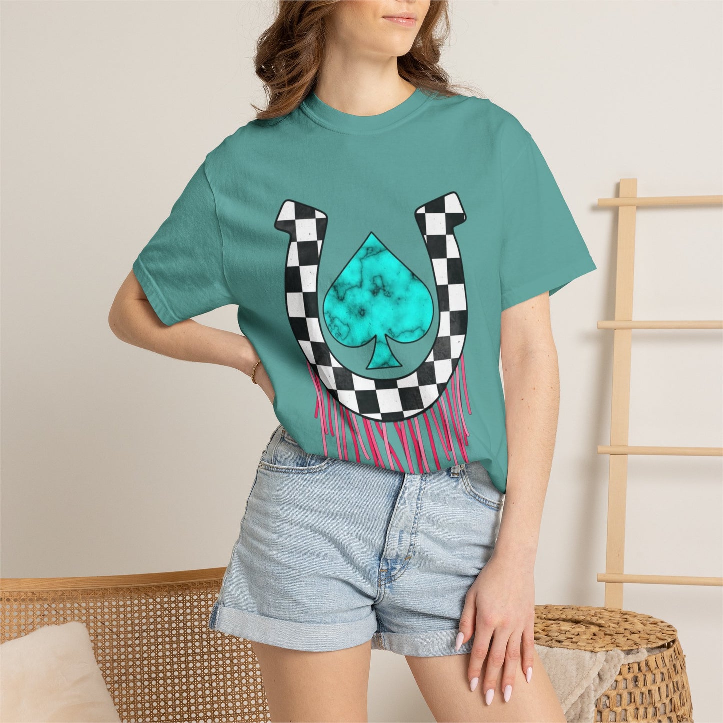 Checkerboard Horseshoe with Turquoise Spade T-Shirt | Drip Fringe Graphic