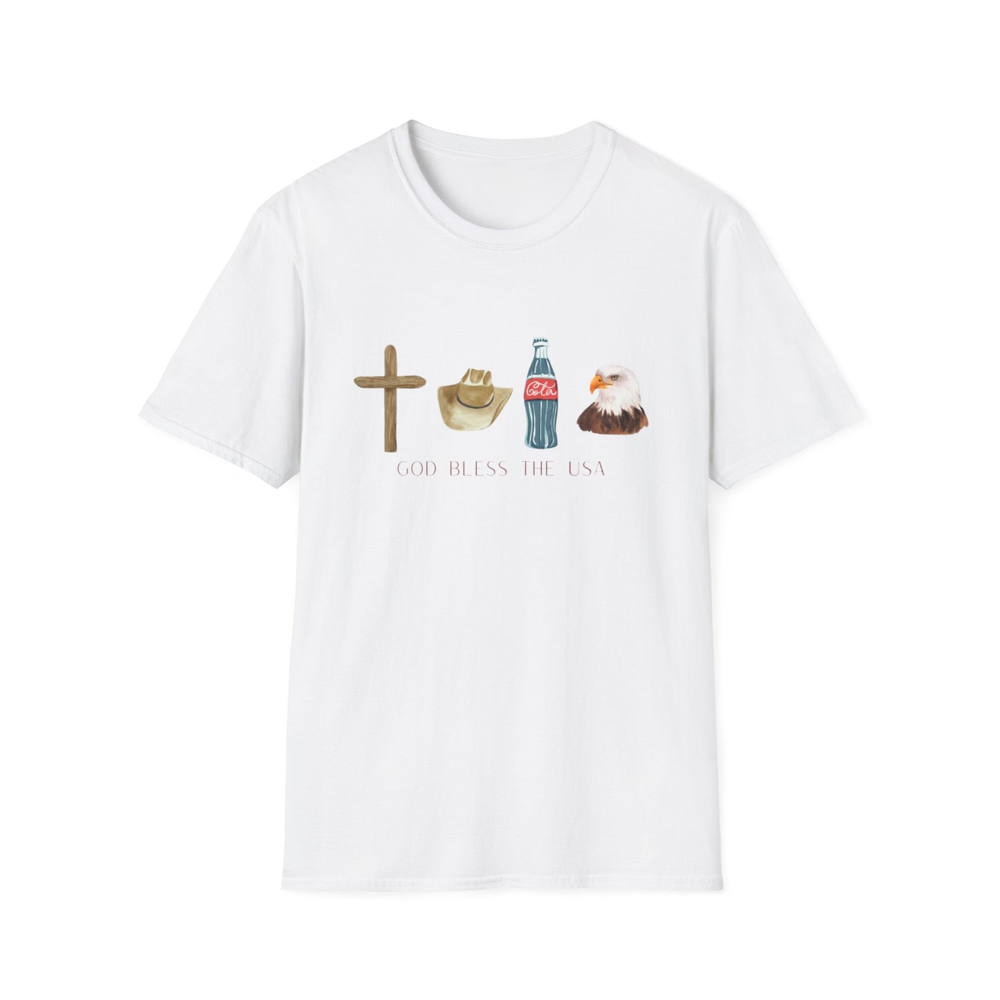 God Bless The USA T-Shirt — Cross, Cowboy Hat, Coke & Bald Eagle Patriotic Tee