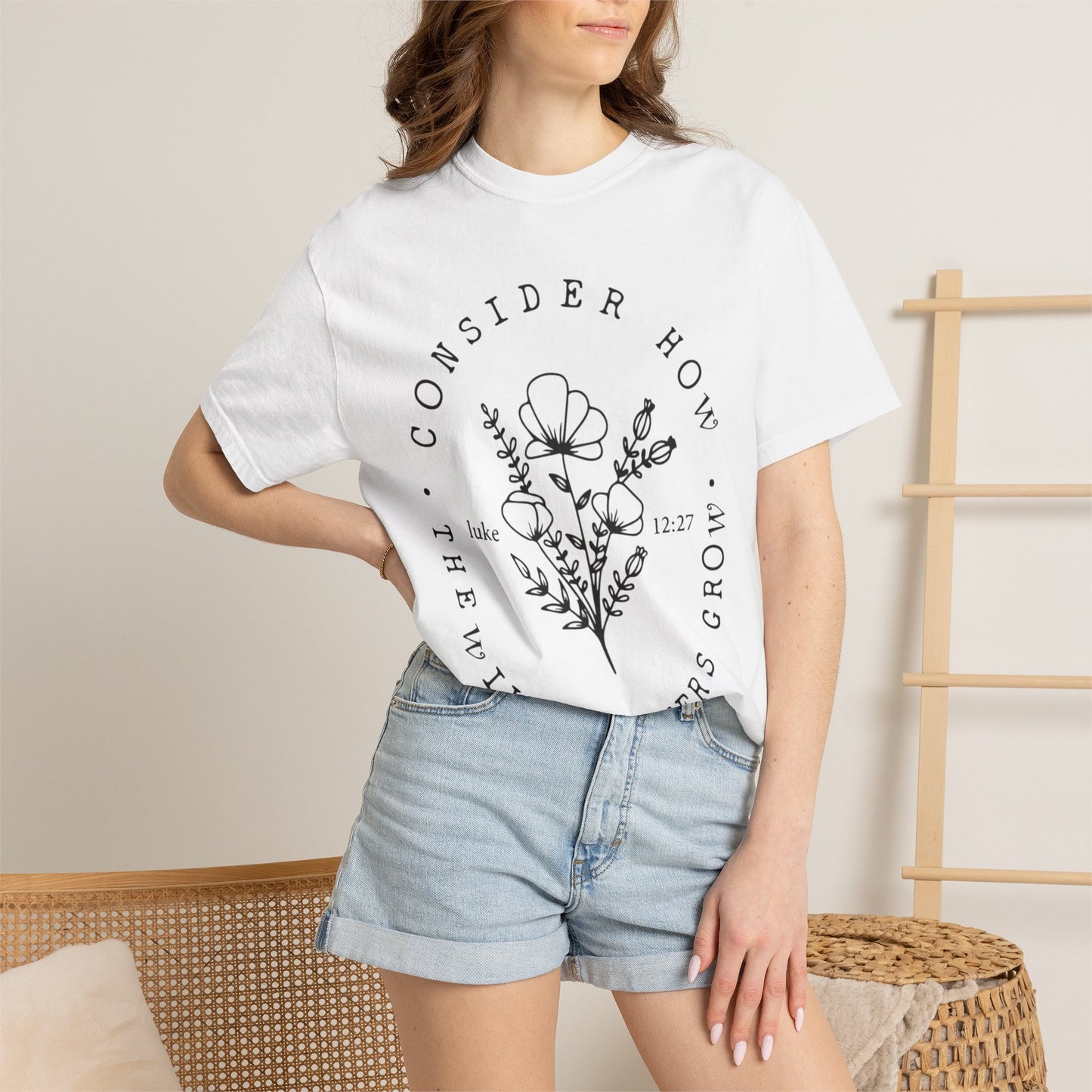 T-Shirt — "Consider How the Wildflowers Grow" Floral Scripture Tee (Luke 12:27)
