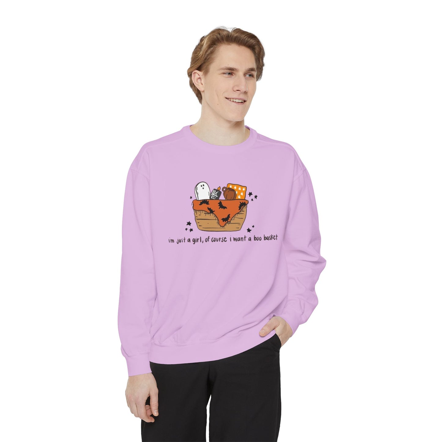Halloween Boo Basket Sweatshirt — 'I'm not a girl, I swear I meant a boo basket' Cozy Halloween Pullover