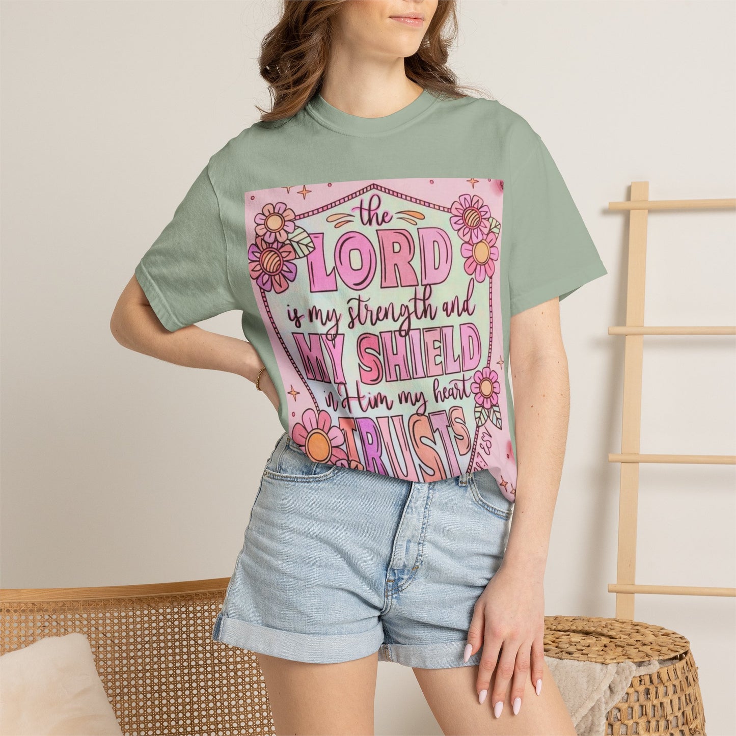 Women’s Faith T-Shirt — “The Lord Is My Strength and My Shield” Floral Christian Tee