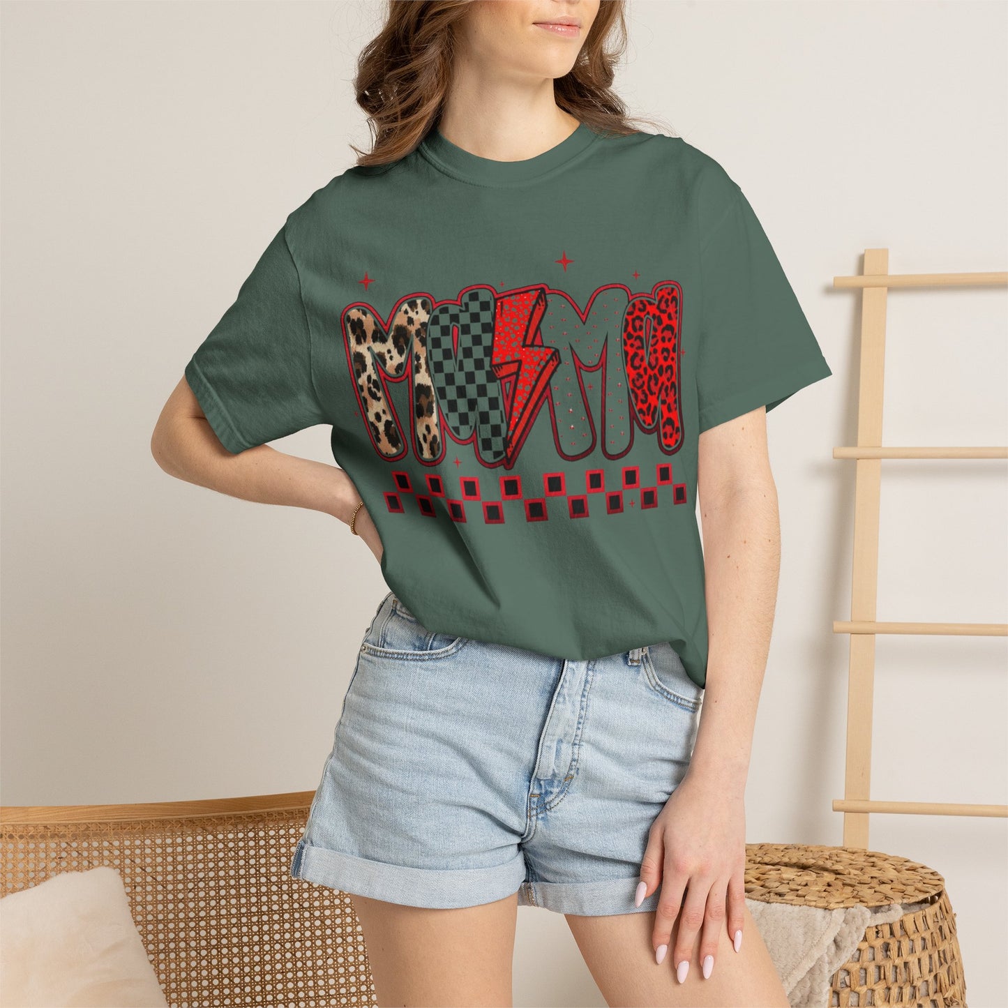 Mama Lightning Bolt Graphic T-Shirt — Playful Leopard & Heart Print
