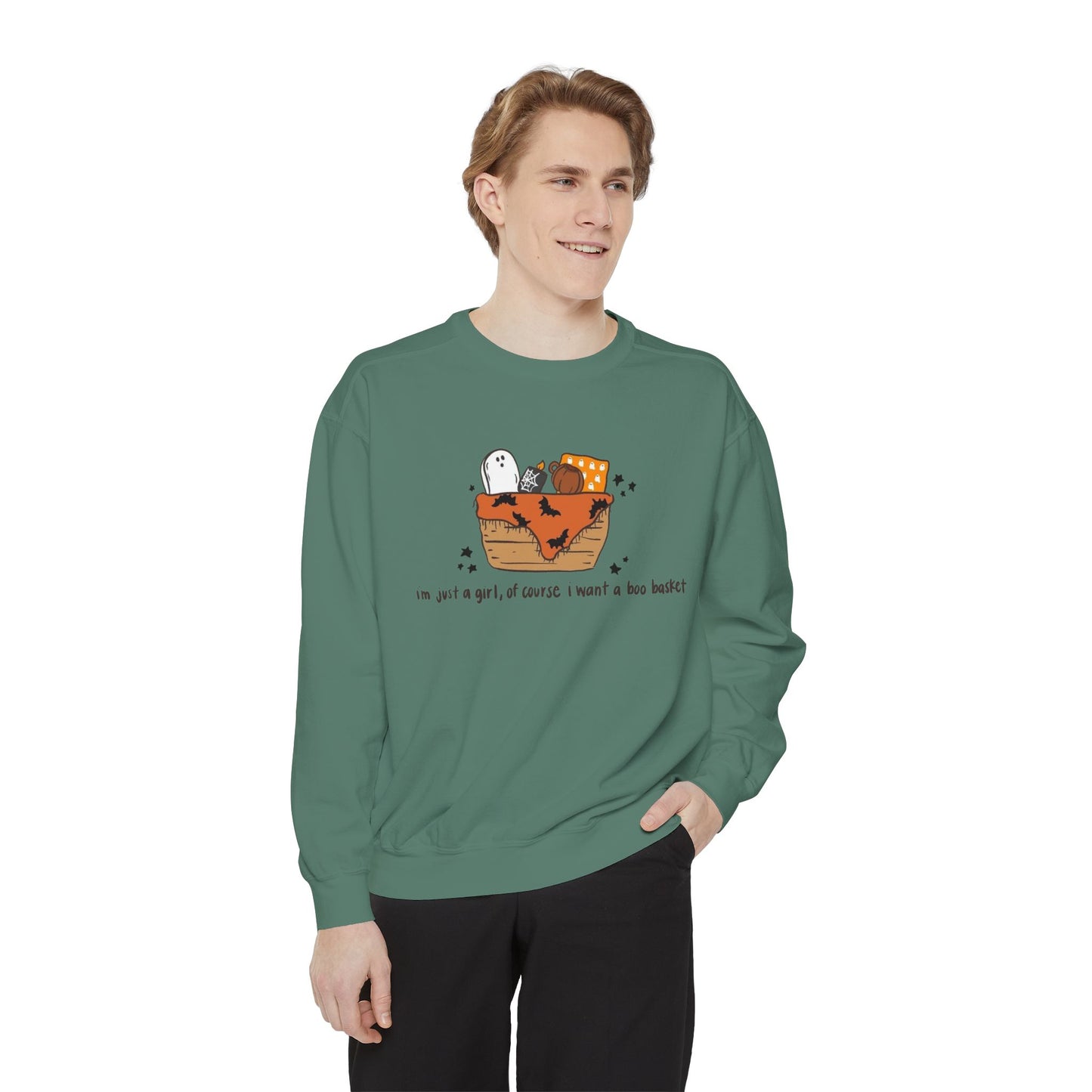 Halloween Boo Basket Sweatshirt — 'I'm not a girl, I swear I meant a boo basket' Cozy Halloween Pullover
