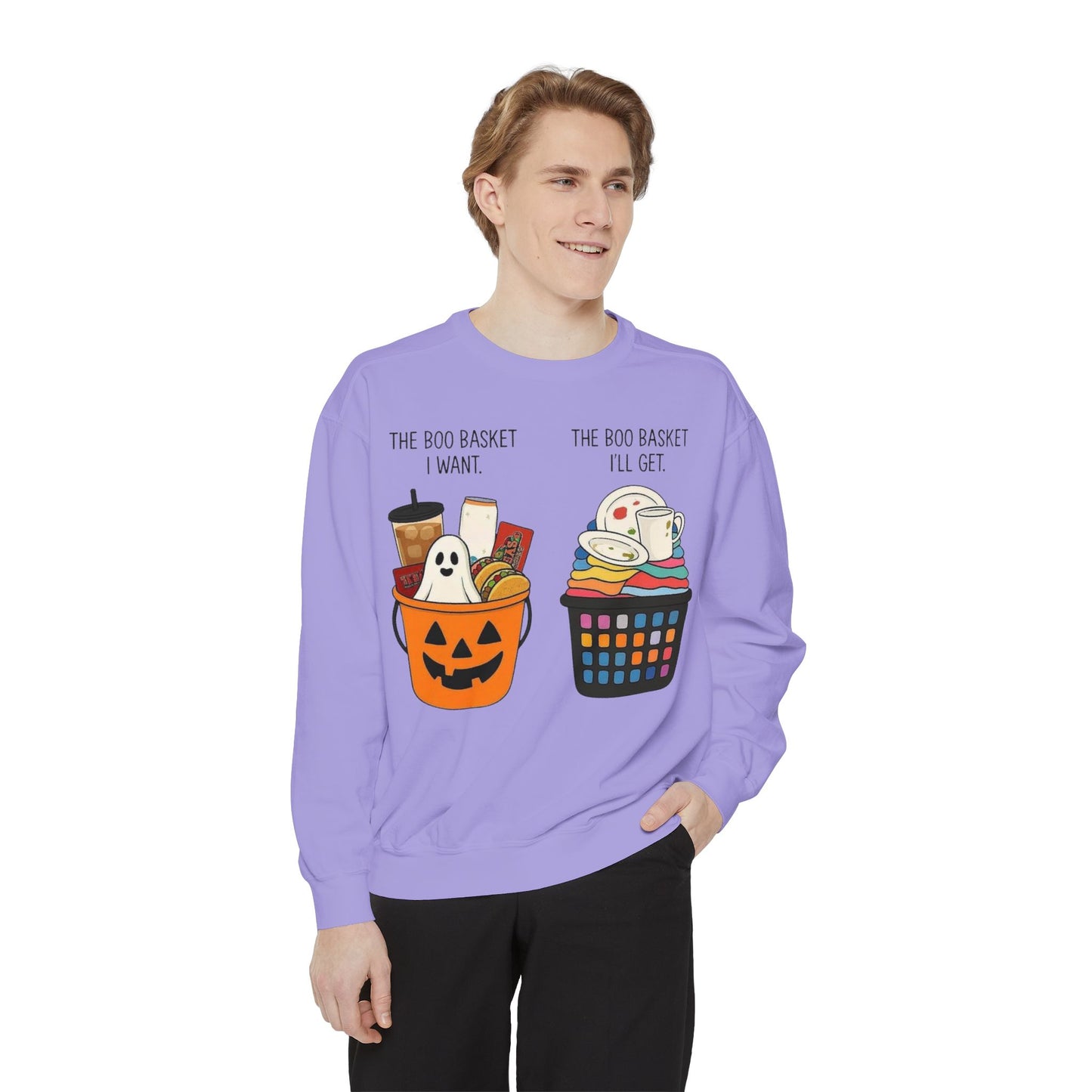 Halloween Candy Bucket Sweatshirt — "The Boo Basket I Want / The Boo Basket I’ll Get"