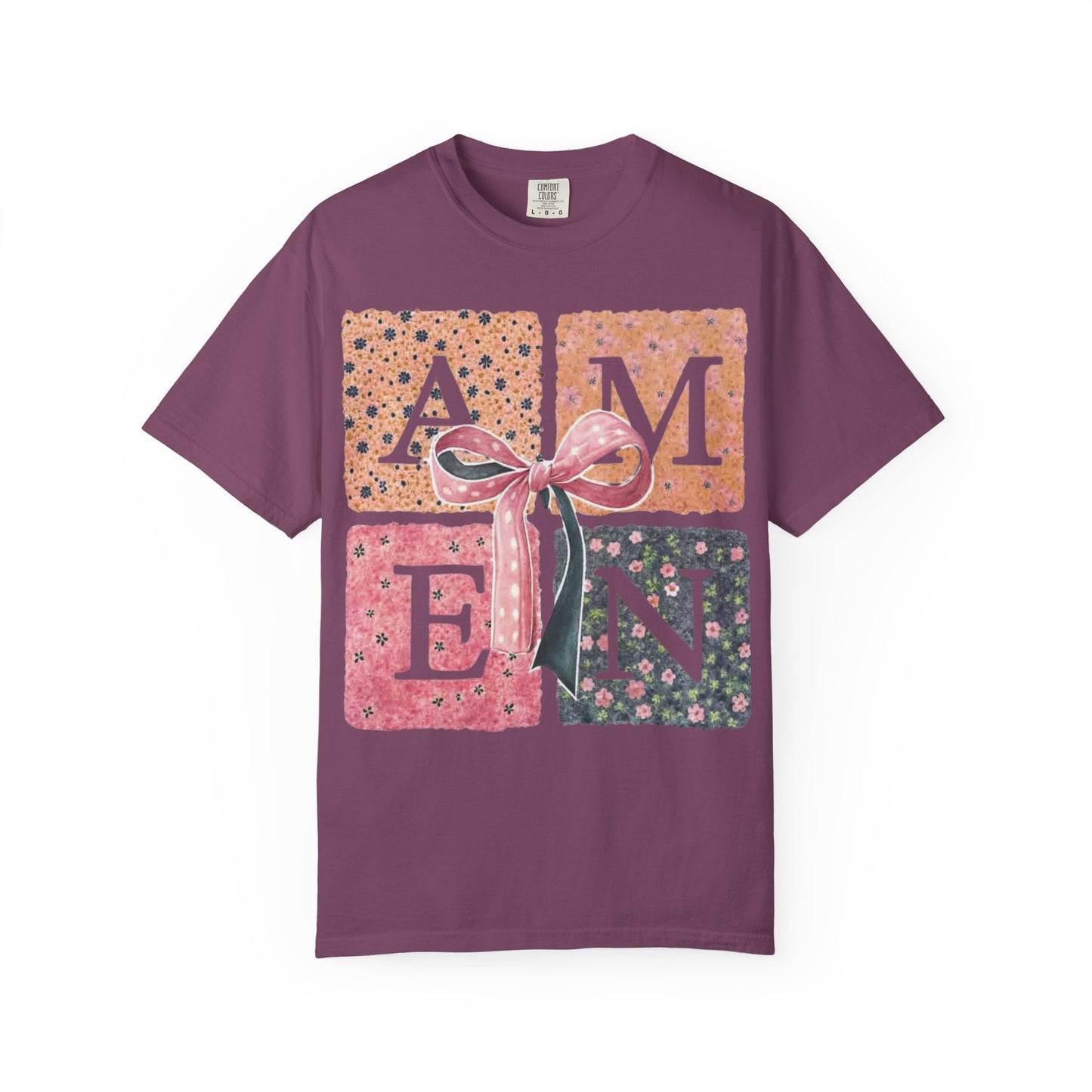 Amen Floral Bow T-Shirt — Decorative Letter Graphic Tee