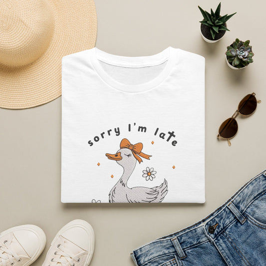 Sorry I'm Late Goose T-Shirt — Cute Floral Duck Graphic Tee