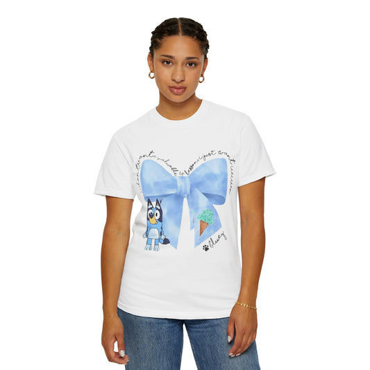 Bluey Bow Graphic T-Shirt — Cute Blue Ribbon & Ice Cream Kids Tee