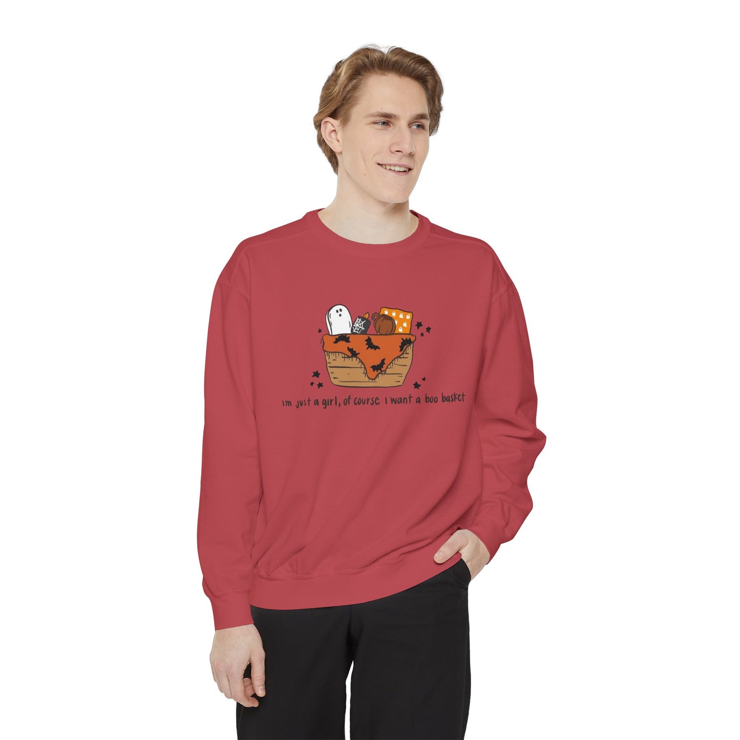 Halloween Boo Basket Sweatshirt — 'I'm not a girl, I swear I meant a boo basket' Cozy Halloween Pullover