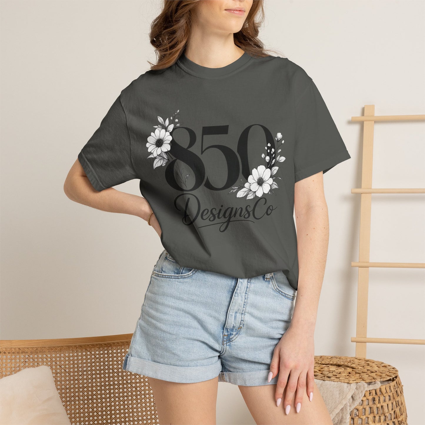 850 Designs Co Floral Logo T-shirt | Script Number Graphic