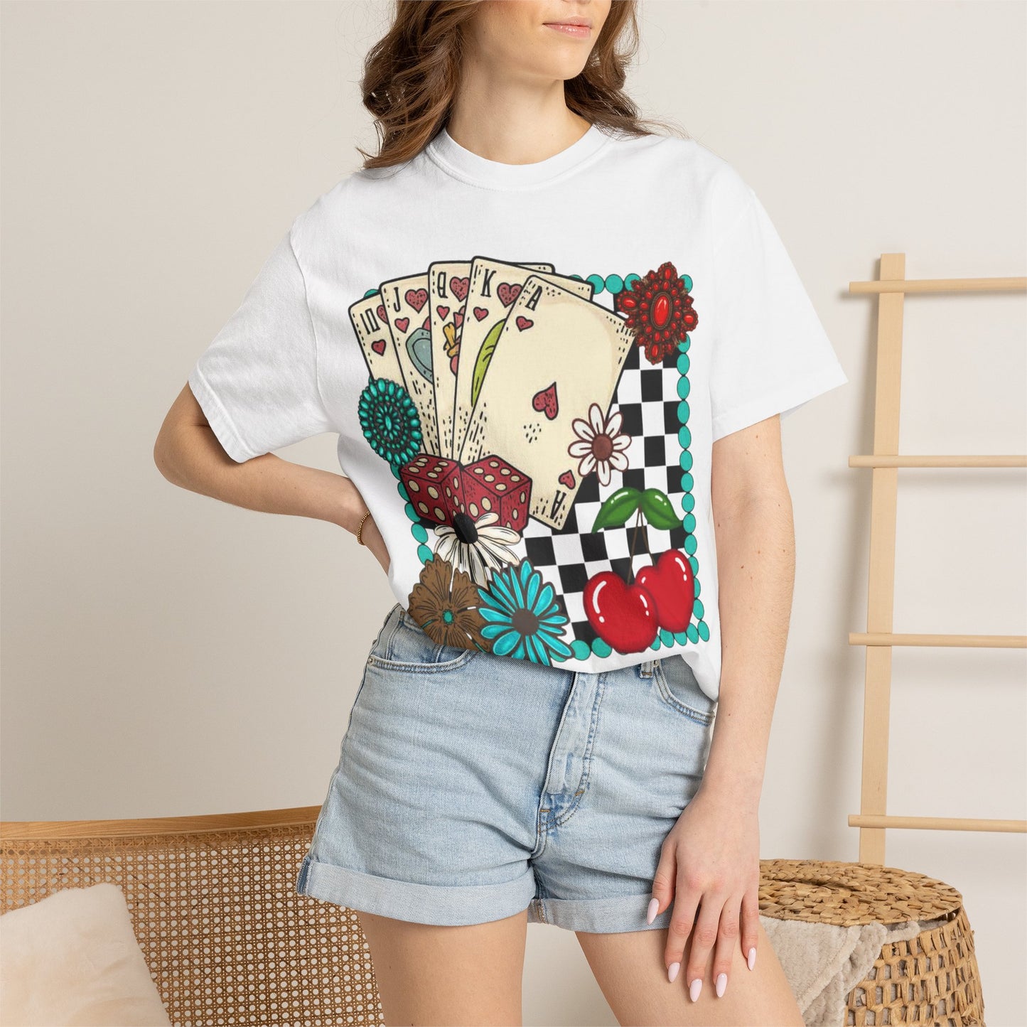 Vintage Poker Cards T-Shirt | Floral Cherry Checkerboard Design