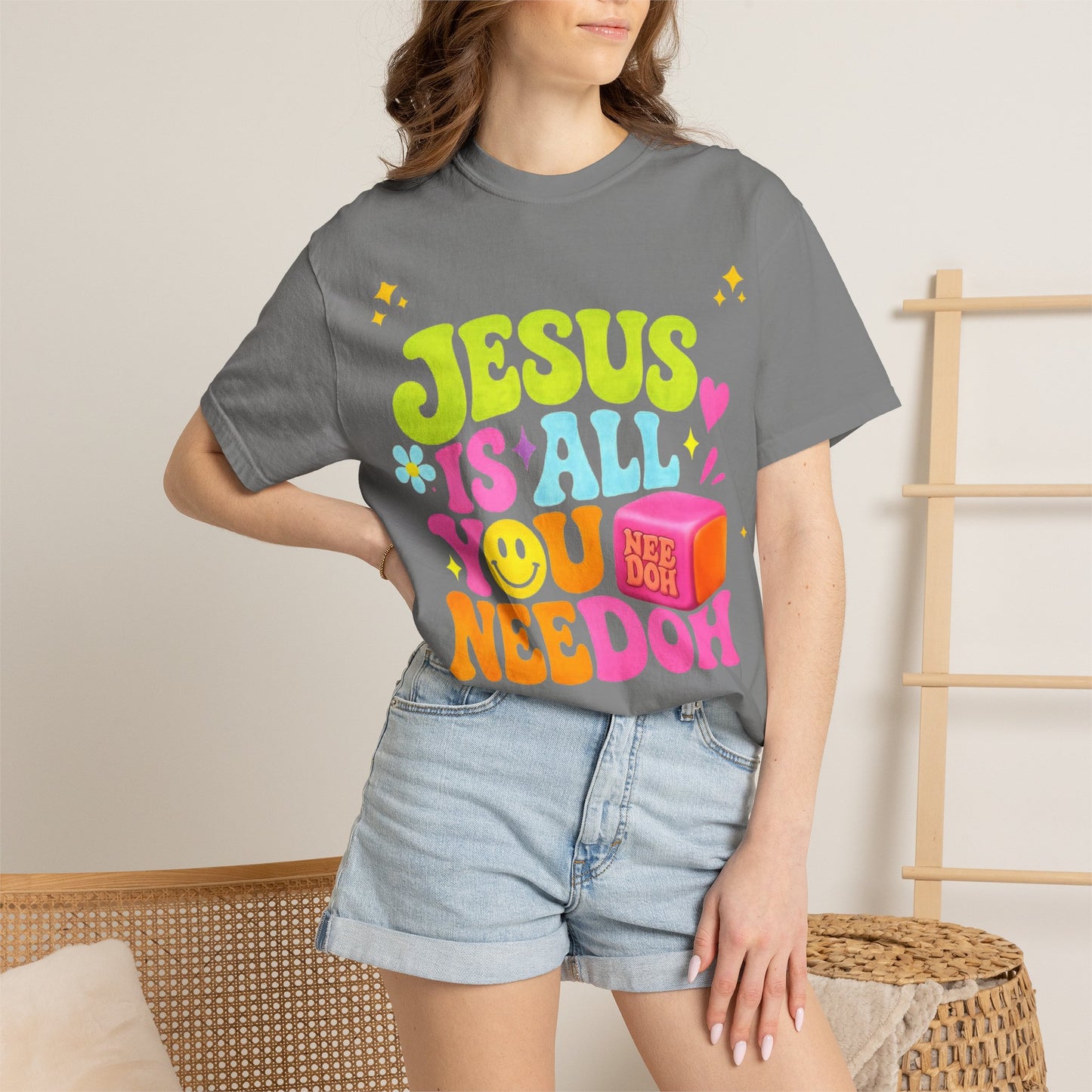 Christian T-Shirt — "Jesus Is All You Need" Colorful Retro Graphic Tee
