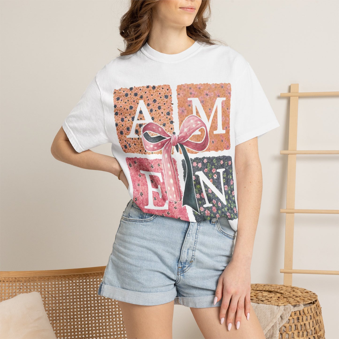 Amen Floral Bow T-Shirt — Decorative Letter Graphic Tee