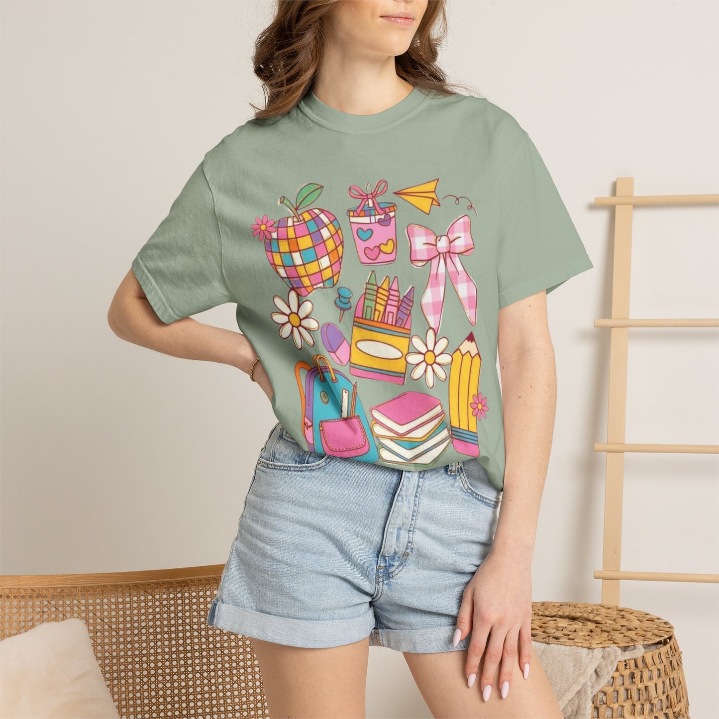 Back-to-School Cute Supplies T-Shirt — Colorful Pencil, Backpack & Apple Design