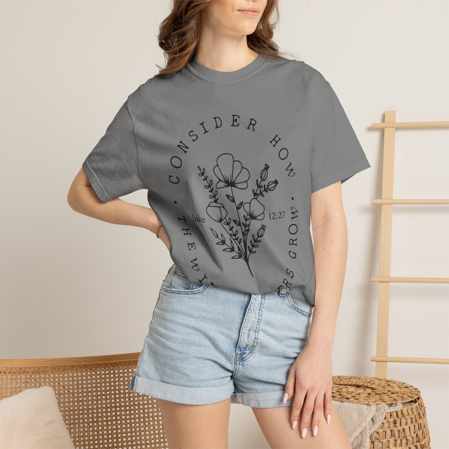 T-Shirt — "Consider How the Wildflowers Grow" Floral Scripture Tee (Luke 12:27)