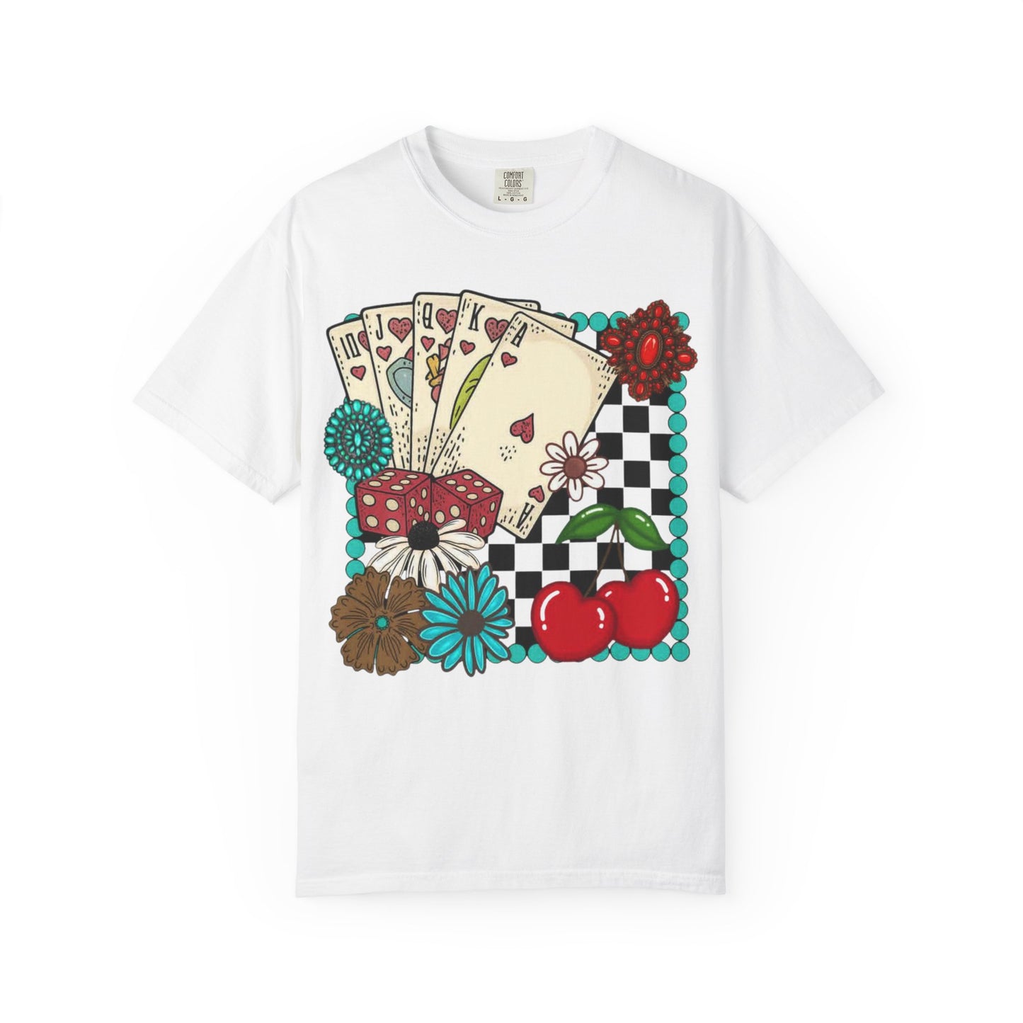 Vintage Poker Cards T-Shirt | Floral Cherry Checkerboard Design