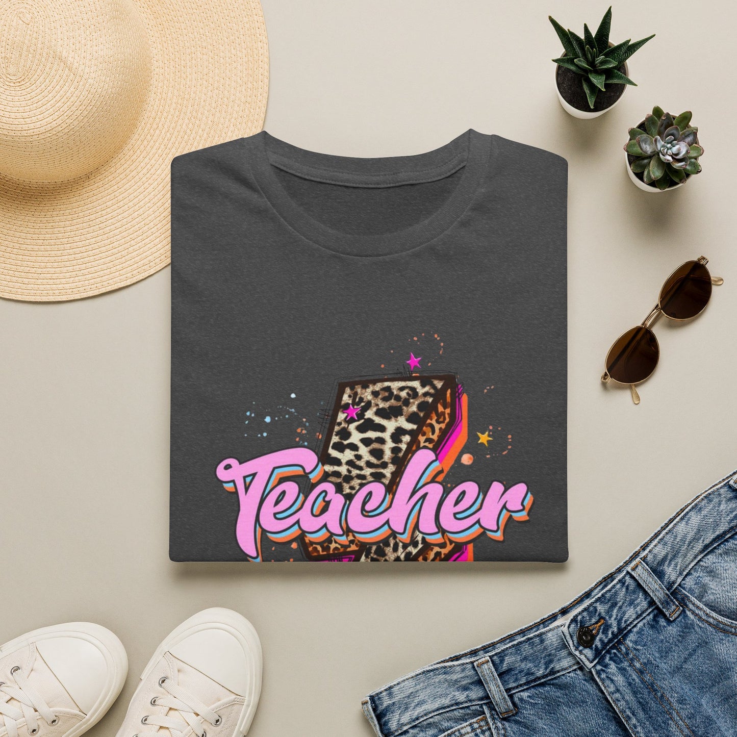 Teacher Lightning Bolt Leopard Print T‑Shirt — Retro Pink Script Graphic Tee for Educators