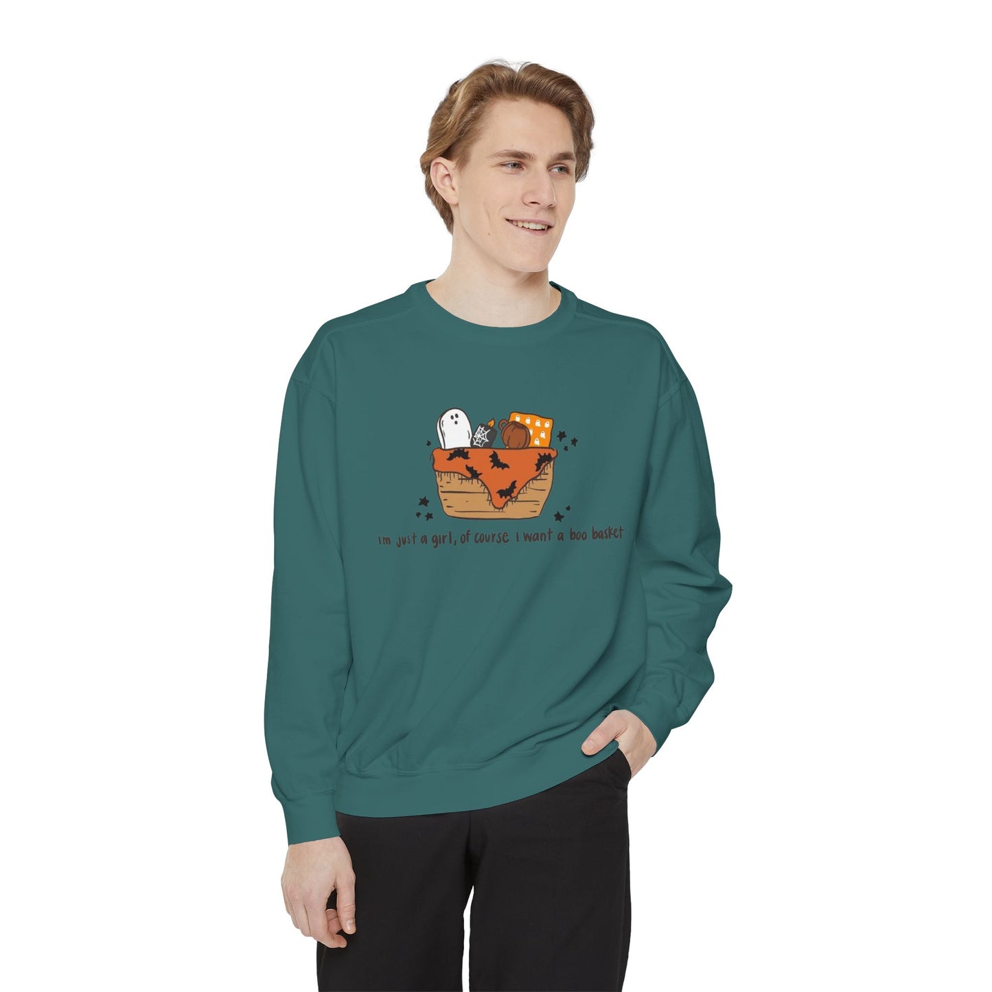 Halloween Boo Basket Sweatshirt — 'I'm not a girl, I swear I meant a boo basket' Cozy Halloween Pullover