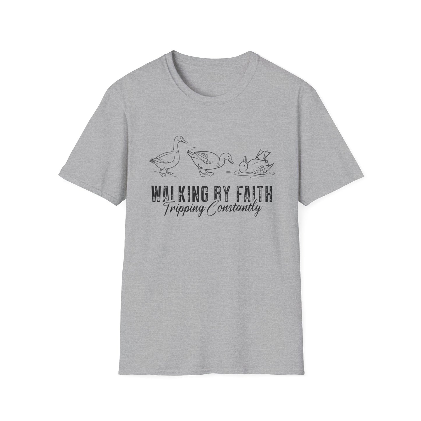 Walking By Faith Tee — 'Walking By Faith, Tripping Constantly' Duck Graphic Christian T-Shirt