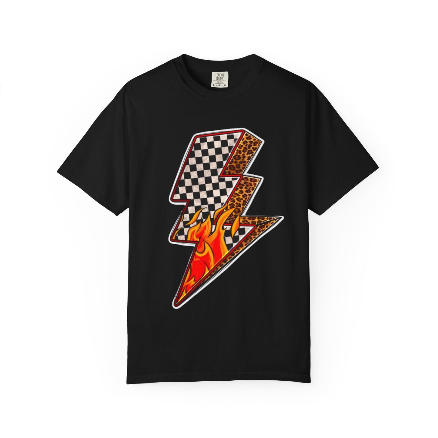 Checkerboard & Flame Lightning Bolt T-Shirt | Retro Racing Graphic