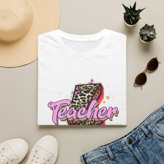 Teacher Lightning Bolt Leopard Print T‑Shirt — Retro Pink Script Graphic Tee for Educators