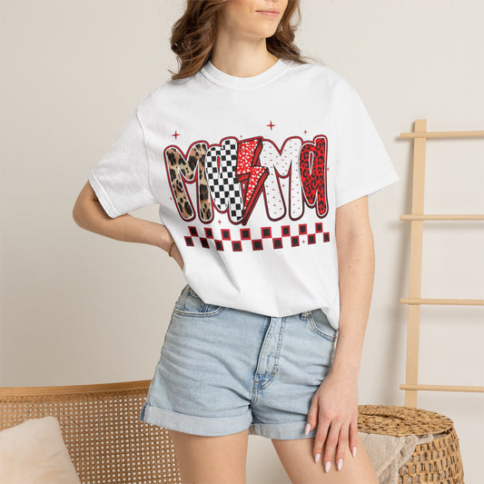 Mama Lightning Bolt Graphic T-Shirt — Playful Leopard & Heart Print