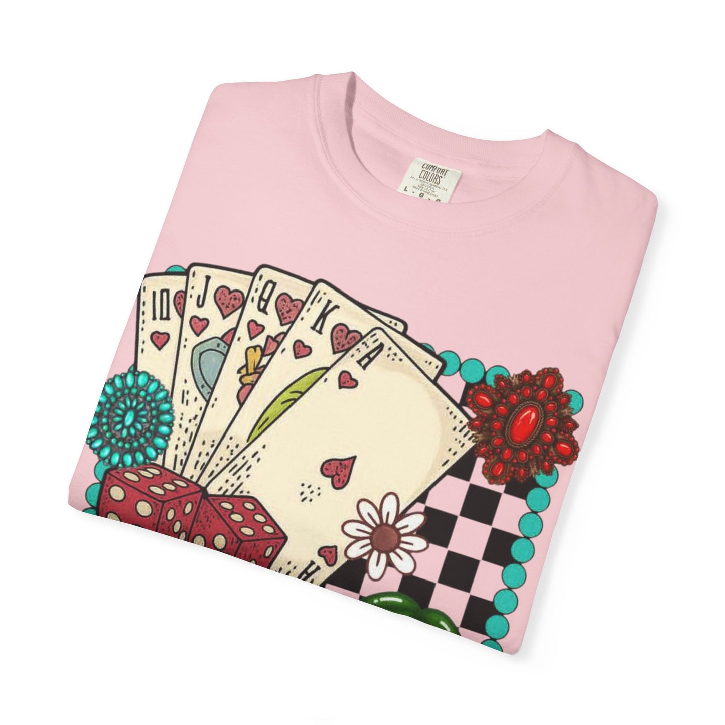 Vintage Poker Cards T-Shirt | Floral Cherry Checkerboard Design