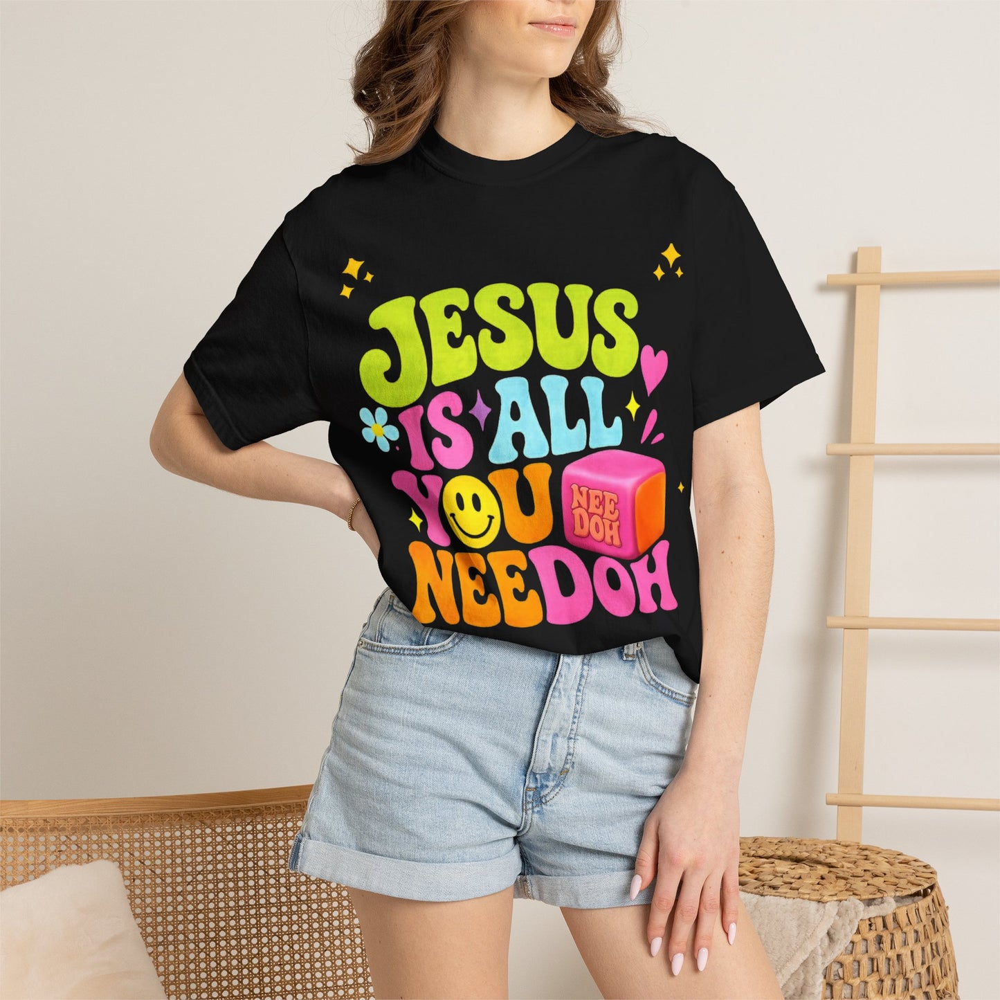 Christian T-Shirt — "Jesus Is All You Need" Colorful Retro Graphic Tee